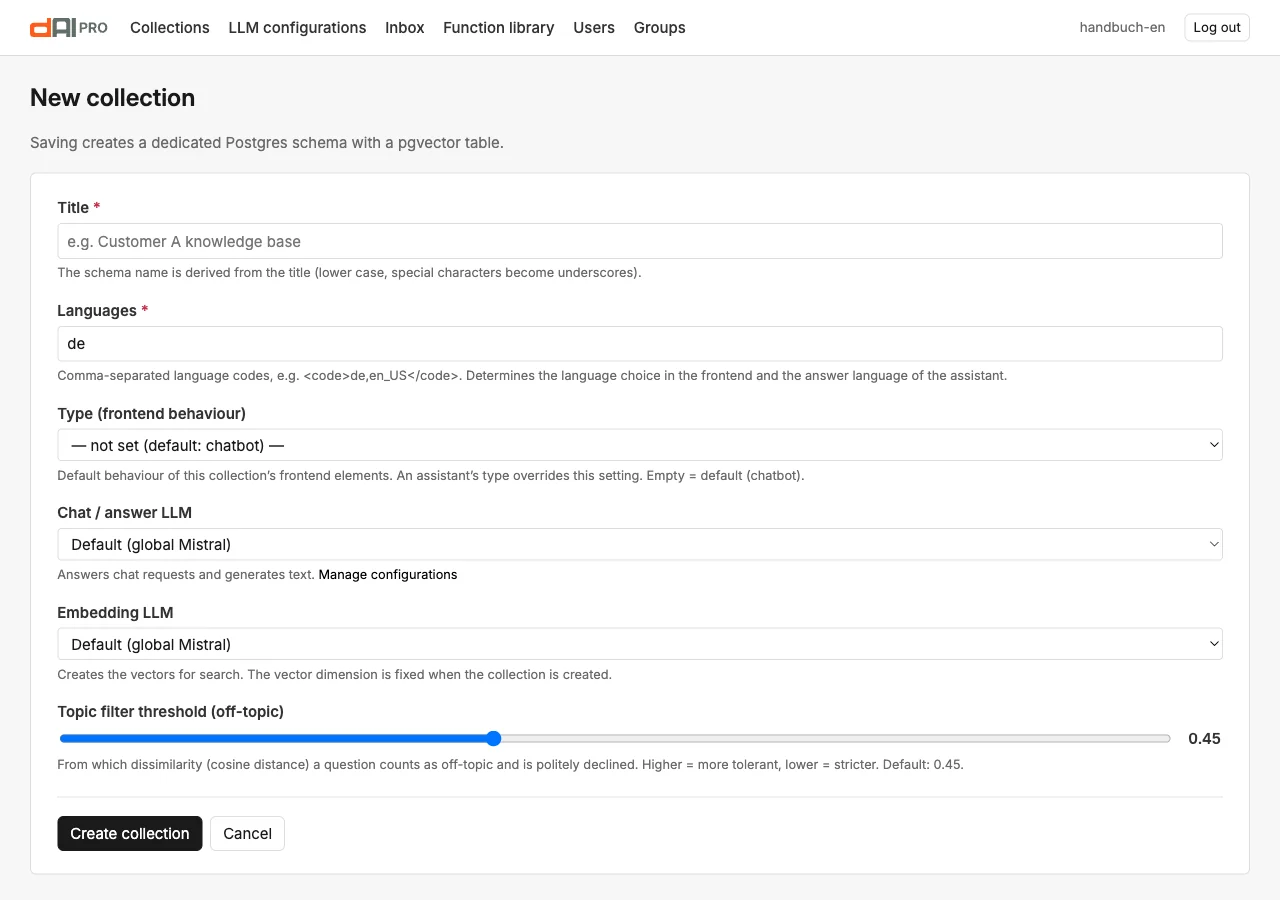 The “New collection” form with title, languages, type and language models