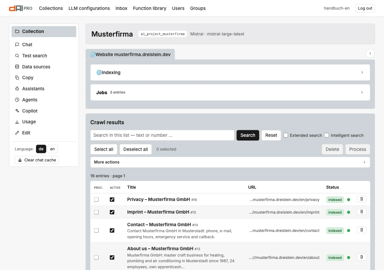 The collection view with tab, key figures, indexing and jobs