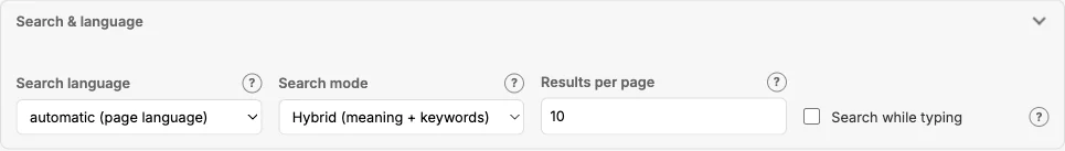 Section “Search & language”: search language, search mode, results per page, search while typing