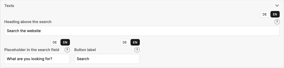 Section “Texts” with language tabs DE and EN: heading, placeholder, button label