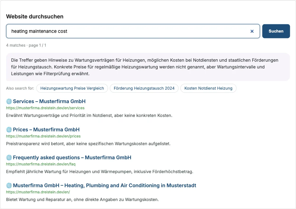 Result list of Musterfirma: summary, related searches, result list