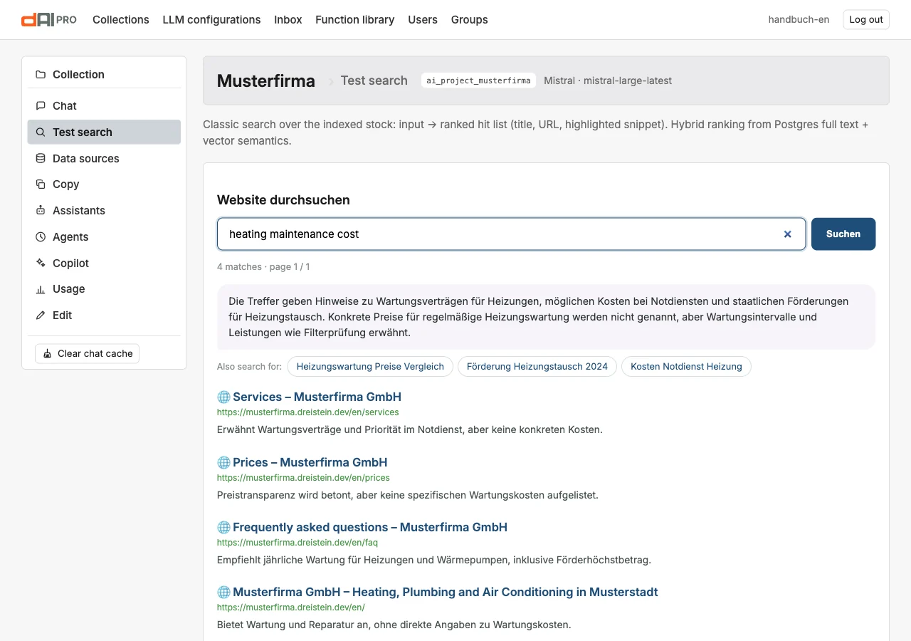The page “Test search” of the collection Musterfirma with a search for “Wartung Heizung Kosten”