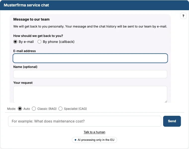 The handover card in the Musterfirma chat