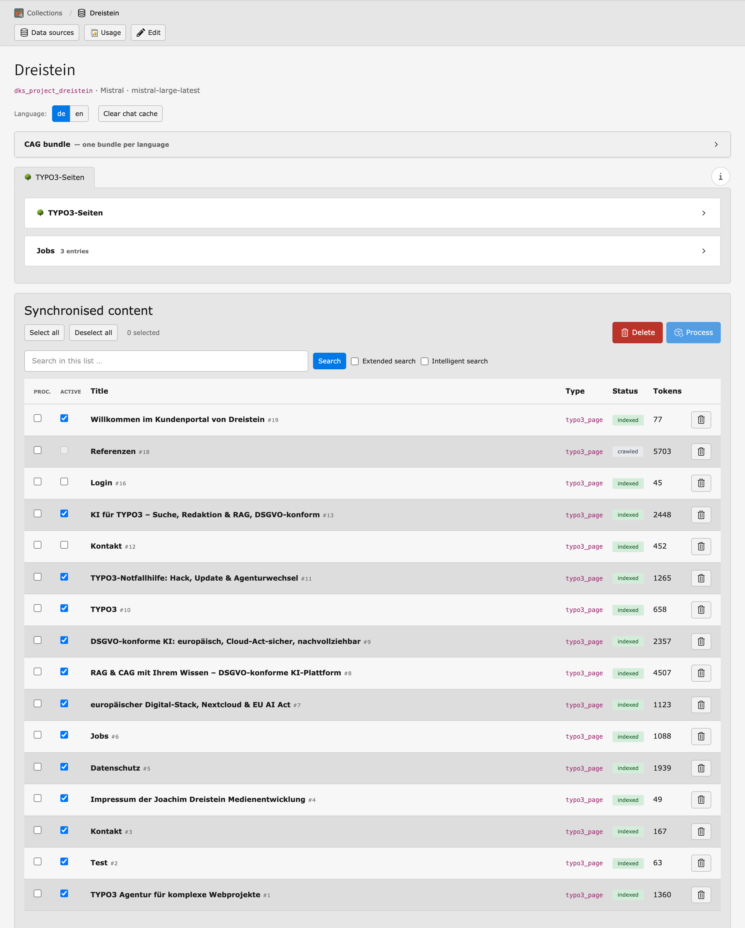 Detailed view of a collection in dAi, showing the CAG bundle, the TYPO3 Pages data source, the jobs and the list of synchronised content with status and token count per document.