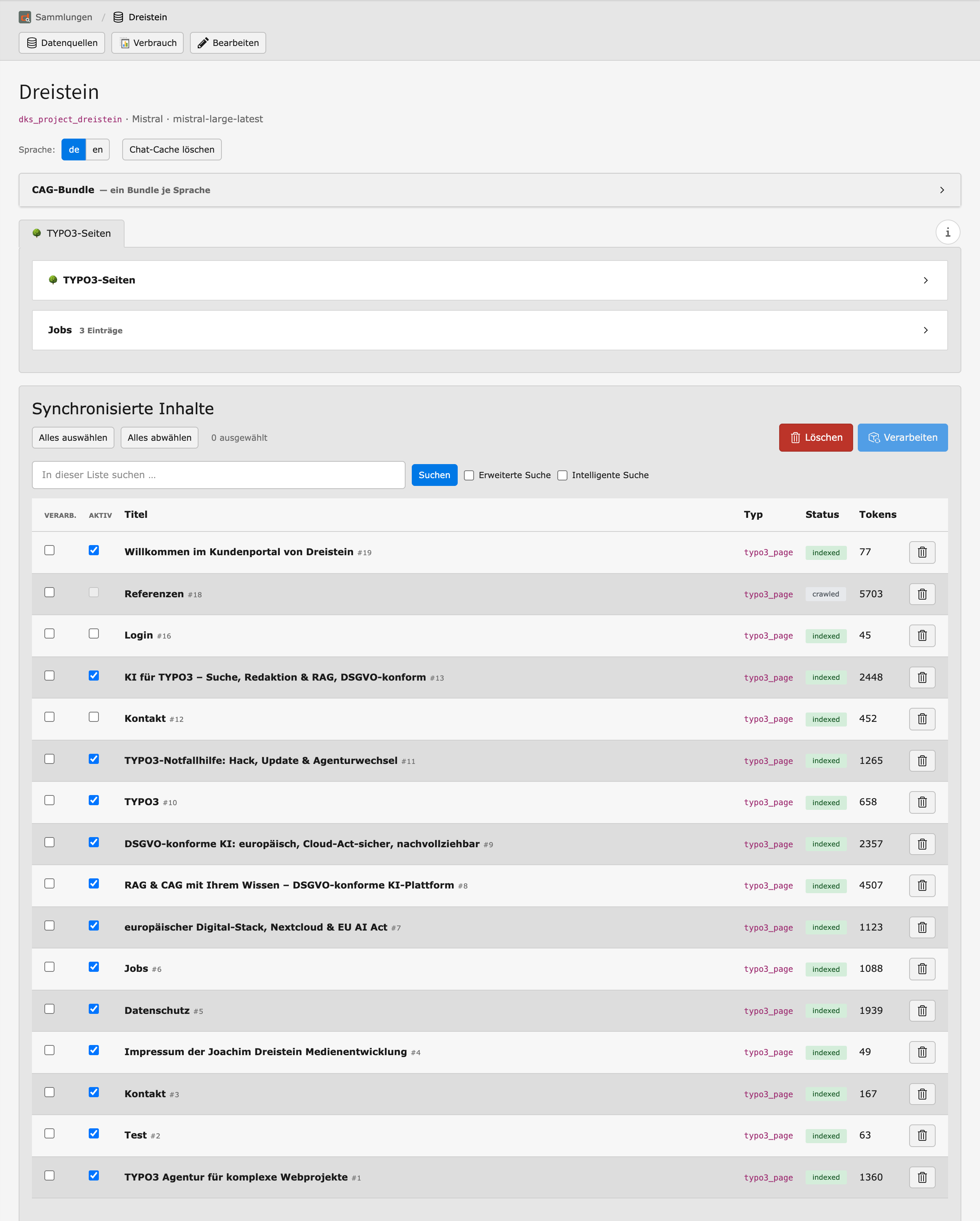 Detailansicht einer Sammlung in dAi mit CAG-Bündel, der Datenquelle TYPO3-Seiten, den Jobs und der Liste der synchronisierten Inhalte samt Status und Tokenzahl je Dokument.