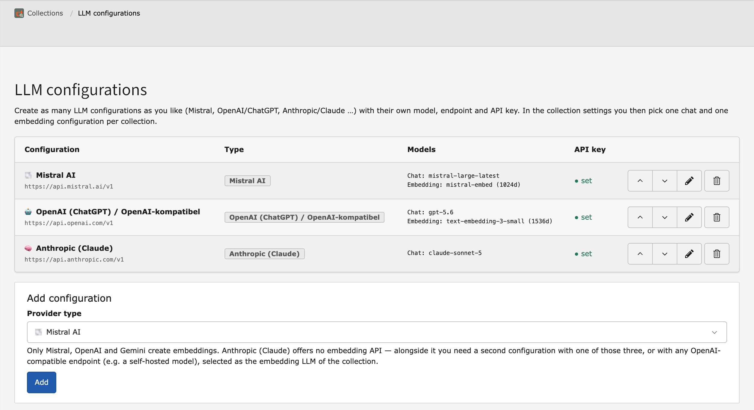 dAi backend module, LLM configurations page: list with Mistral, OpenAI and Anthropic including chat and embedding model, as well as the form for adding a further configuration.