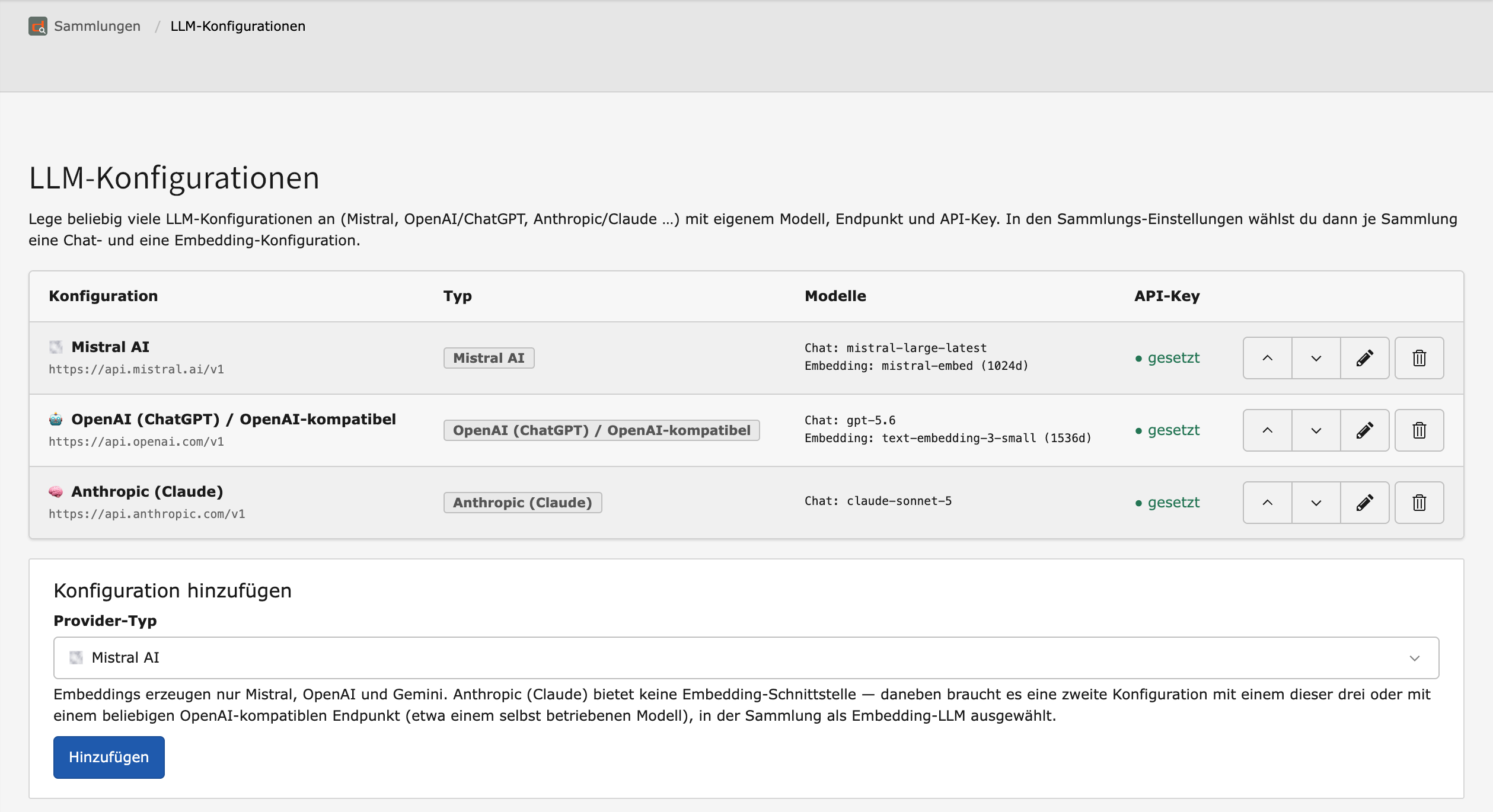Backend-Modul dAi, Seite LLM-Konfigurationen: Liste mit Mistral, OpenAI und Anthropic samt Chat- und Embedding-Modell sowie dem Formular zum Hinzufügen einer weiteren Konfiguration.