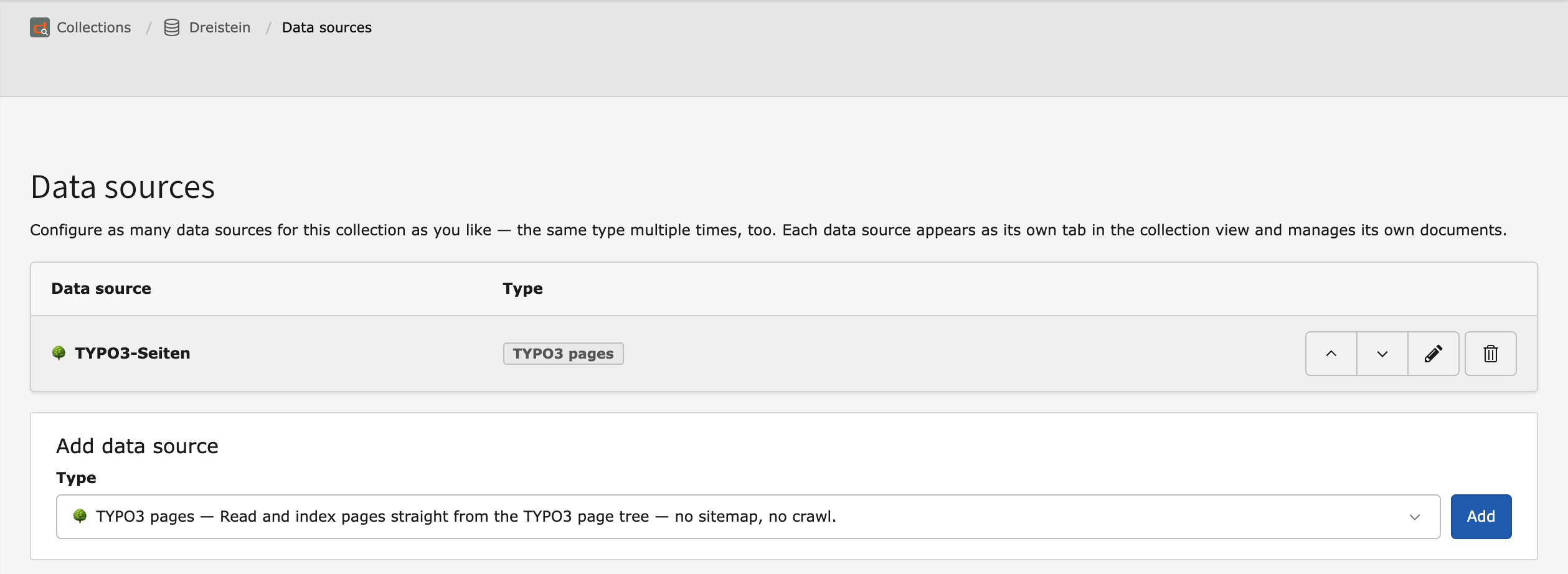 The Data sources page of a collection with the configured source TYPO3 pages and the selection field for adding a further source.