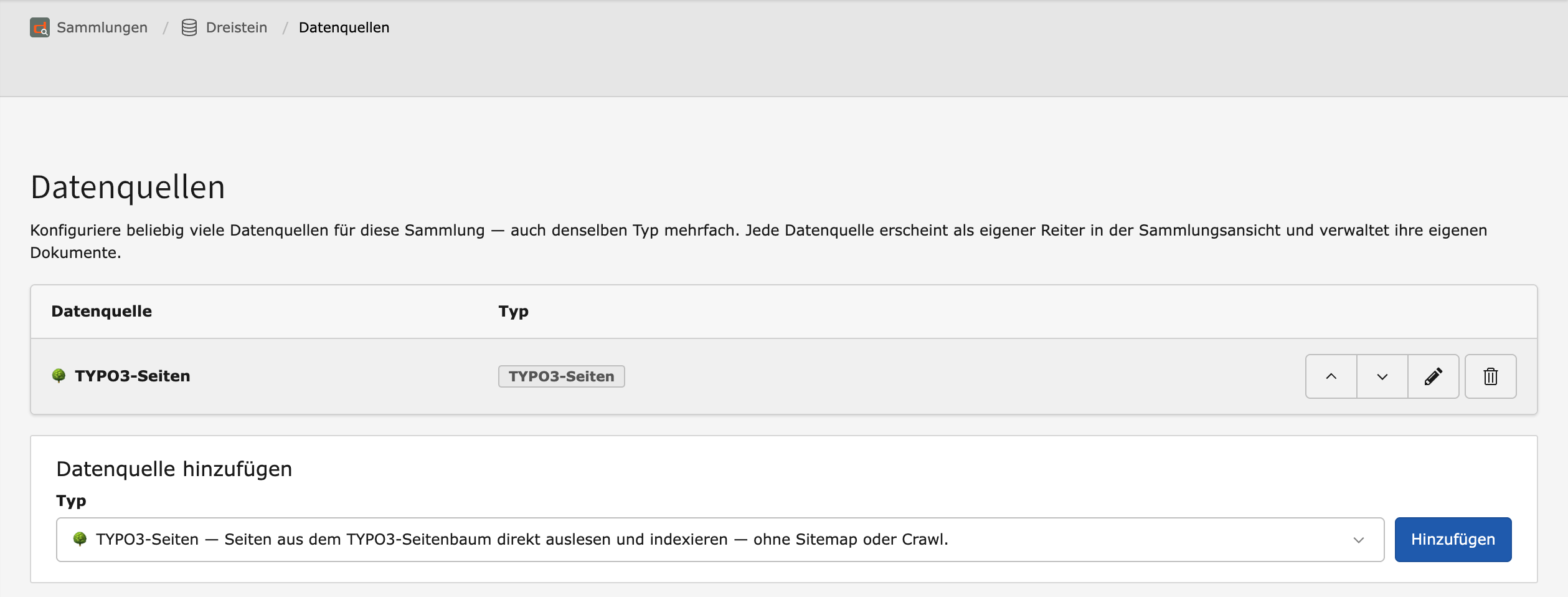 Seite Datenquellen einer Sammlung mit der eingerichteten Quelle TYPO3-Seiten und dem Auswahlfeld zum Hinzufügen einer weiteren Quelle.