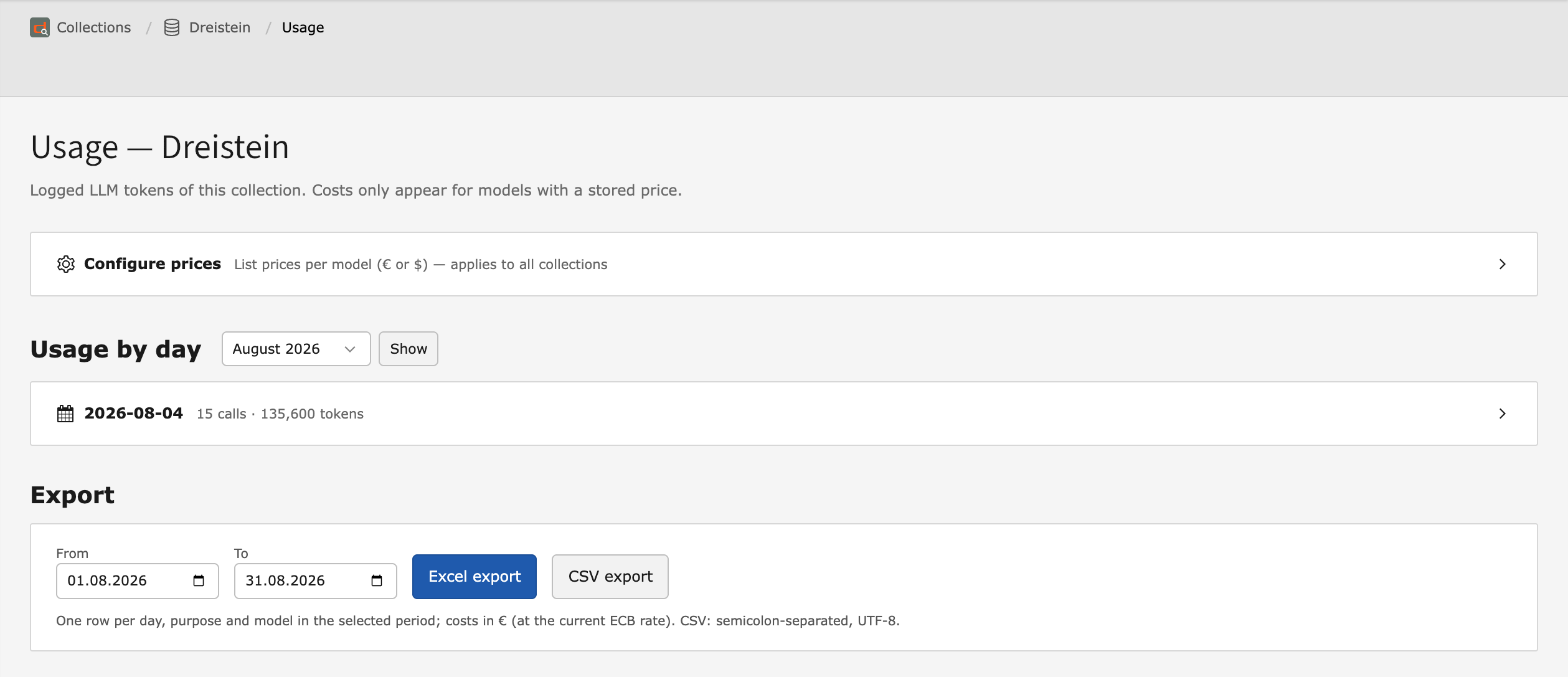 Usage page of a collection in dAi with month selection, price settings and export as an Excel or CSV file.