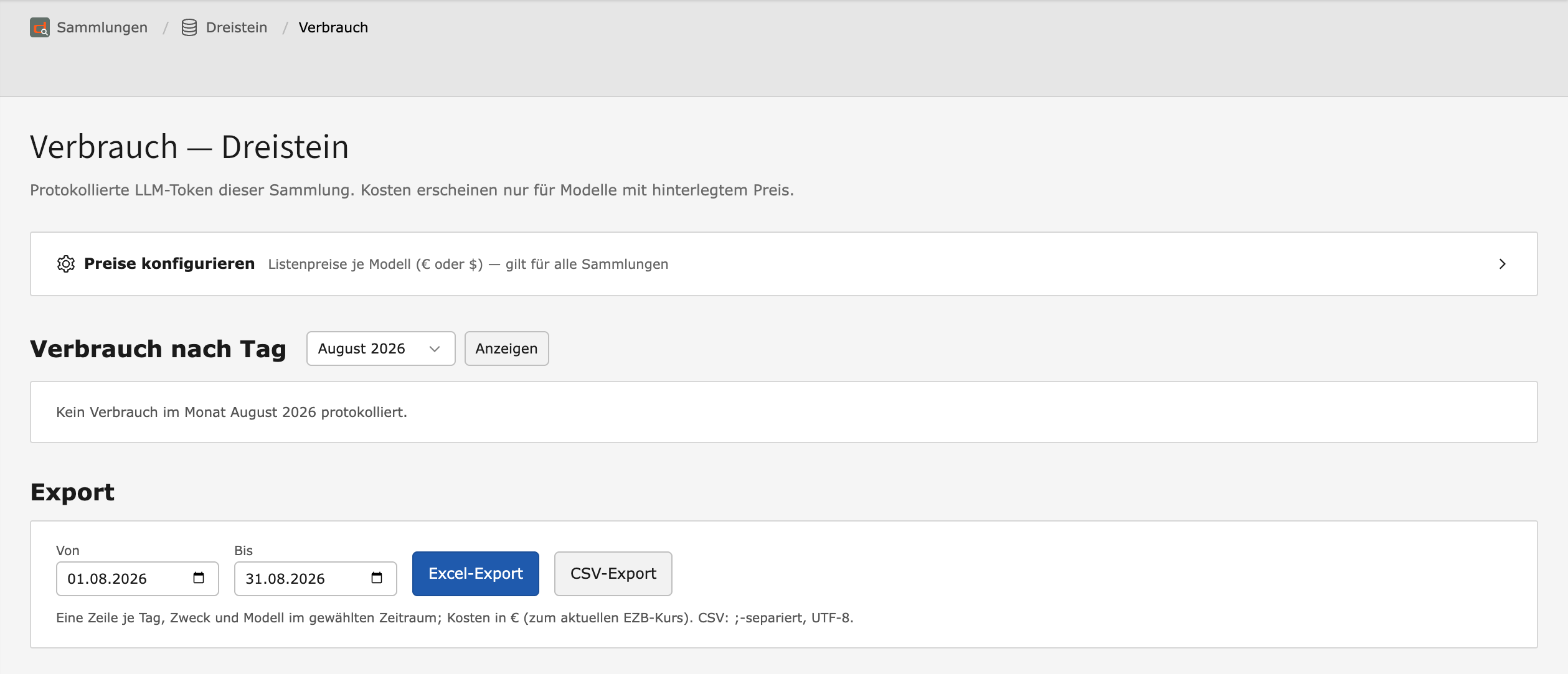 Verbrauchsseite einer Sammlung in dAi mit Monatsauswahl, Preiseinstellungen und dem Export als Excel- oder CSV-Datei.