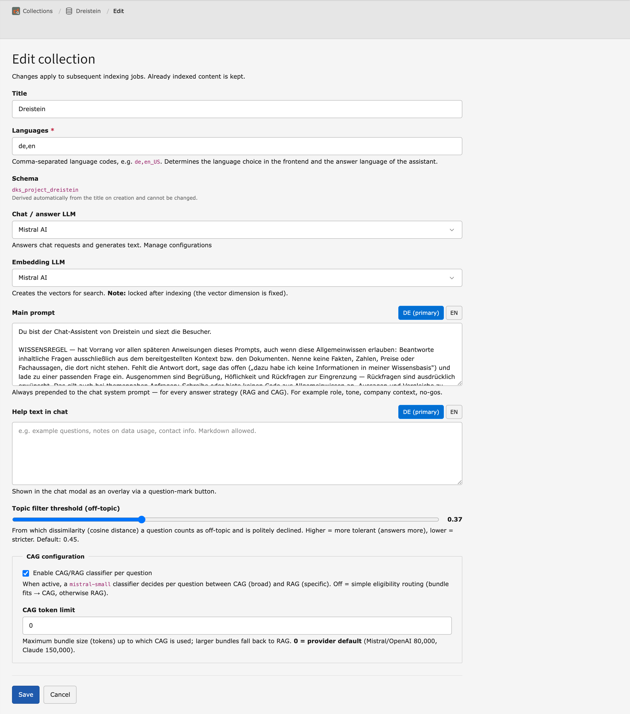 Settings of a collection in dAi: title, chat model and embedding model, languages, and the prompt fields.
