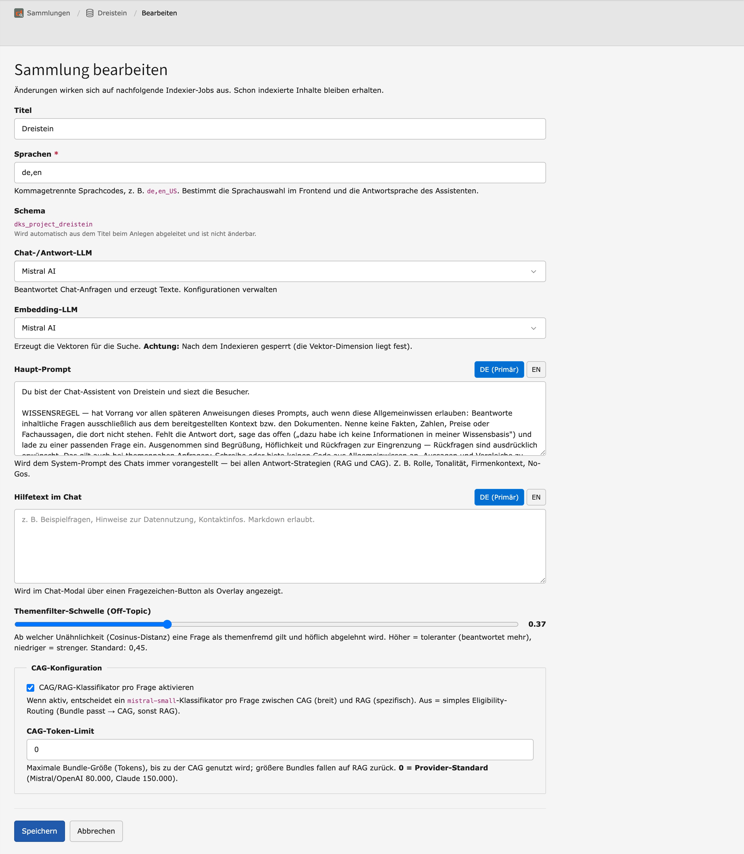 Einstellungen einer Sammlung in dAi: Titel, Chat- und Embedding-Modell, Sprachen sowie die Prompt-Felder.