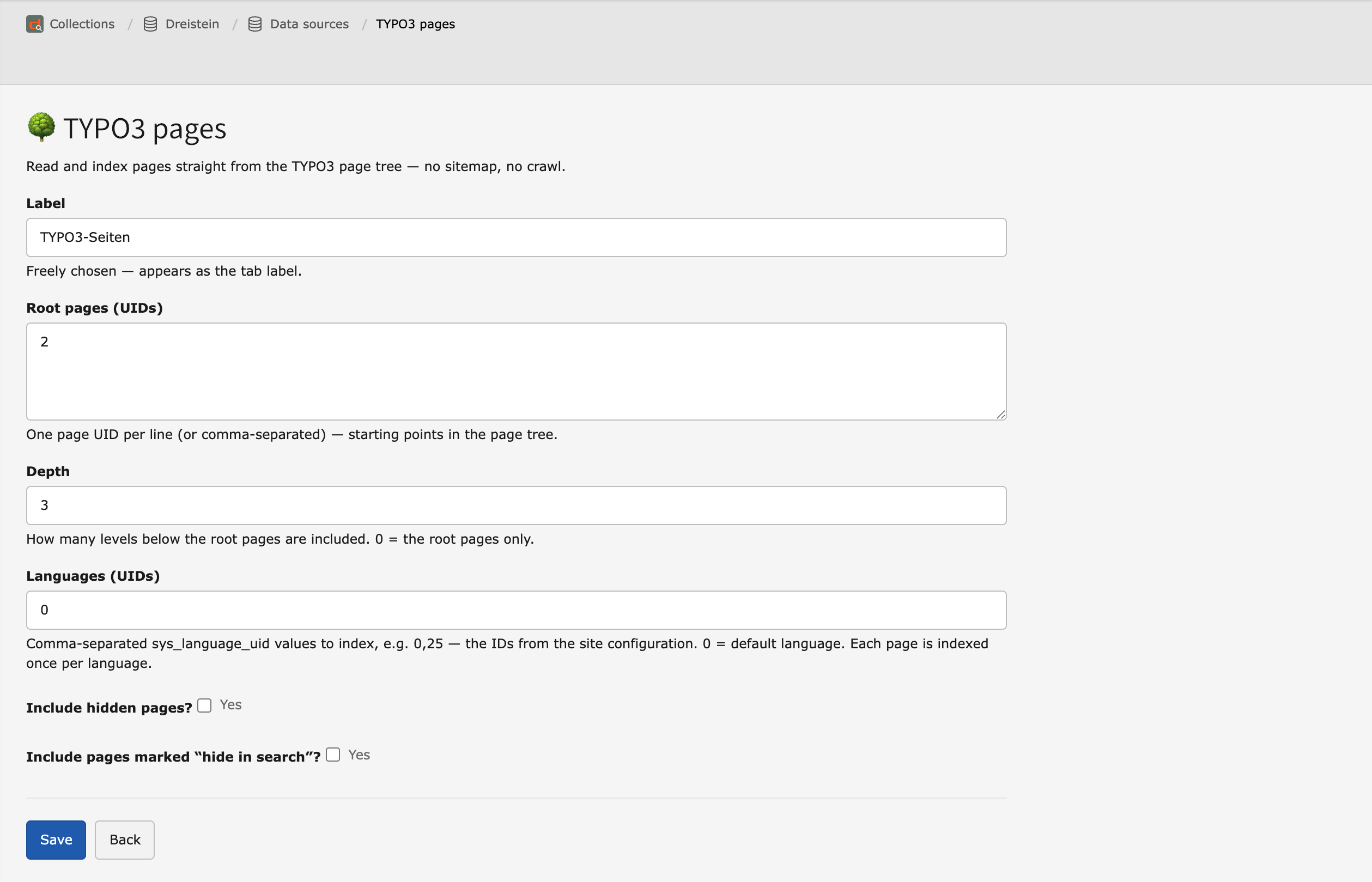 Form for editing the TYPO3 pages data source with the fields for root pages, depth and language.