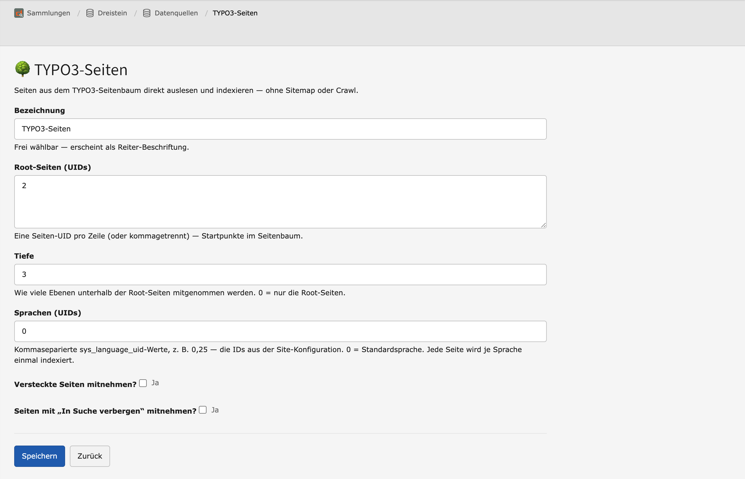 Formular zum Bearbeiten der Datenquelle TYPO3-Seiten mit den Feldern für Wurzelseiten, Tiefe und Sprache.
