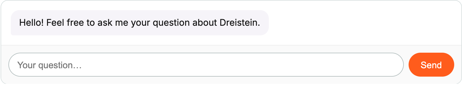 dAi chat window in the frontend: a question about the price of a TYPO3 health check, below it the answer from the indexed pages and an expandable source list.