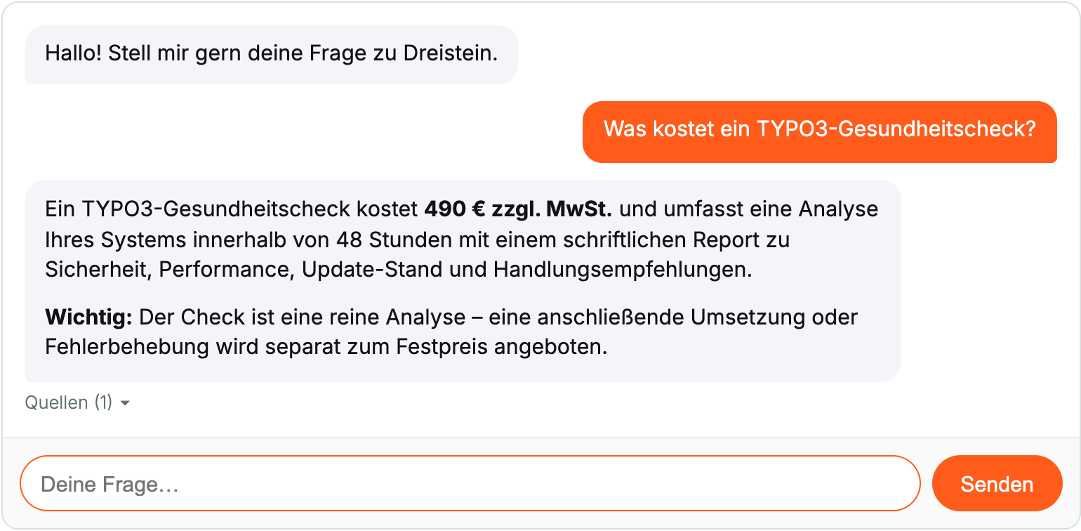 Chatfenster von dAi im Frontend: Frage nach dem Preis eines TYPO3-Gesundheitschecks, darunter die Antwort aus den indexierten Seiten und eine aufklappbare Quellenliste.