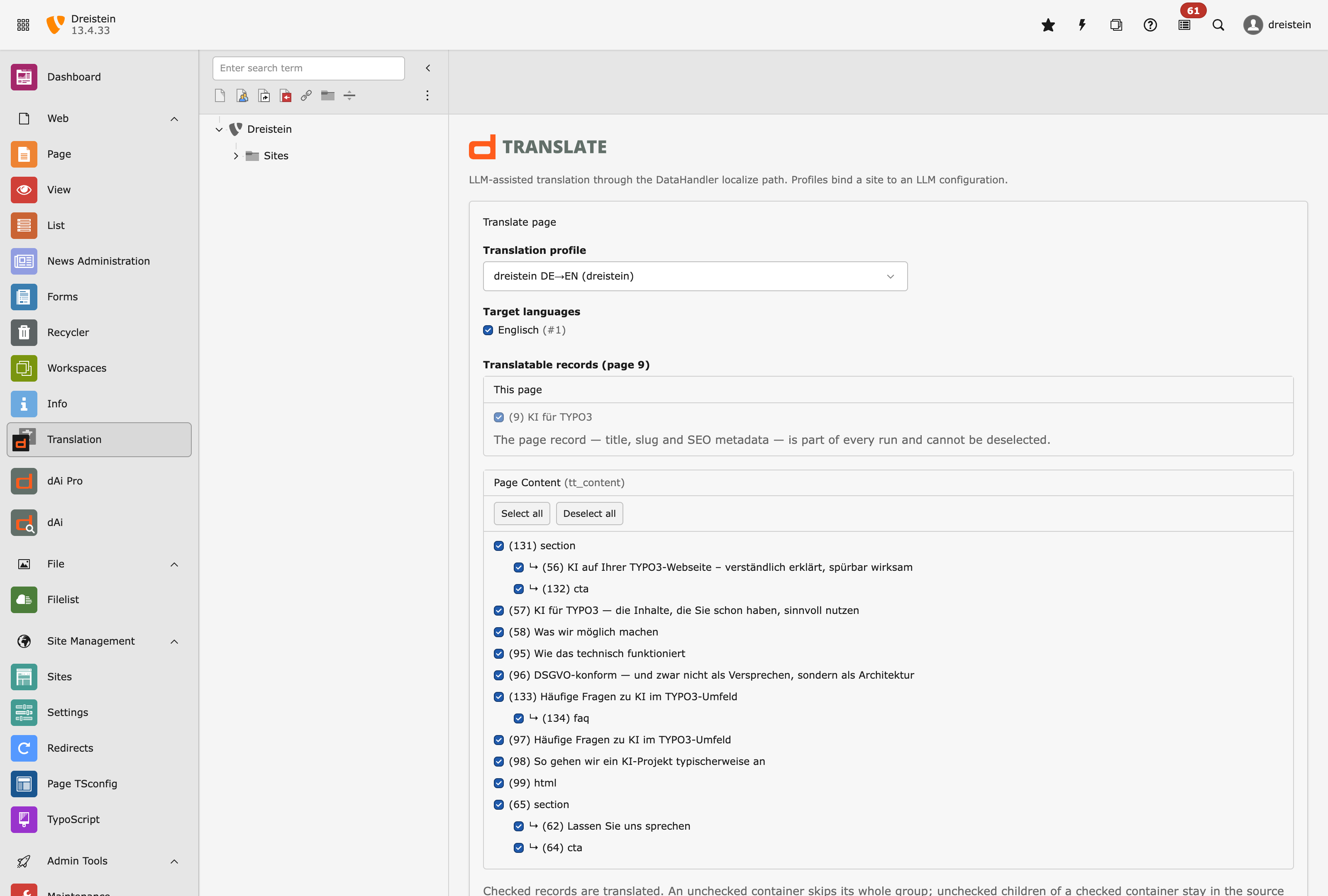 The TYPO3 backend with the Translation module: on the left the module menu, next to it the page tree, on the right the form with translation profile, target languages and the list of translatable records.