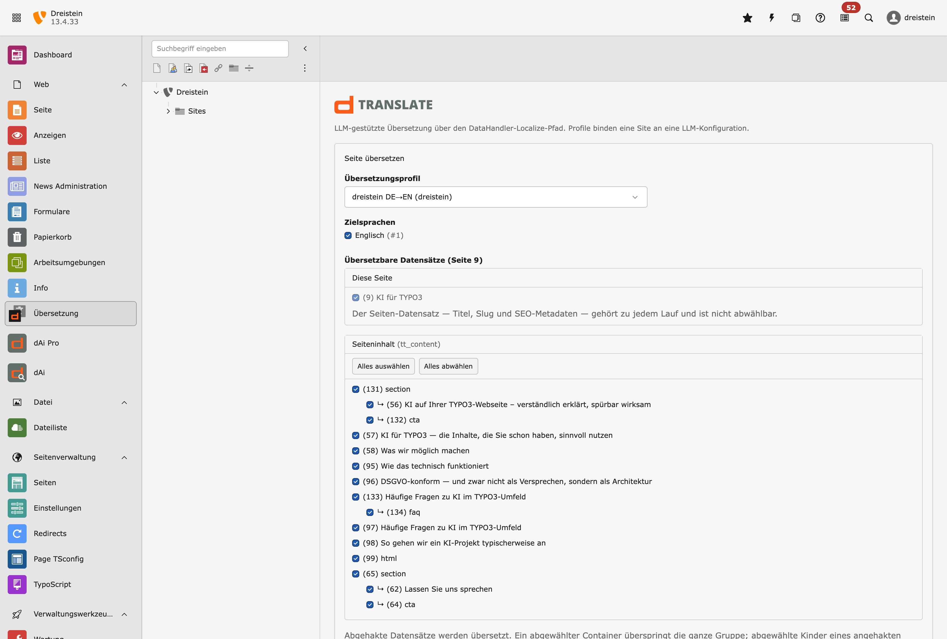 Das TYPO3-Backend mit dem Modul Übersetzung: links das Modulmenü, daneben der Seitenbaum, rechts das Formular mit Übersetzungsprofil, Zielsprachen und der Liste der übersetzbaren Datensätze.