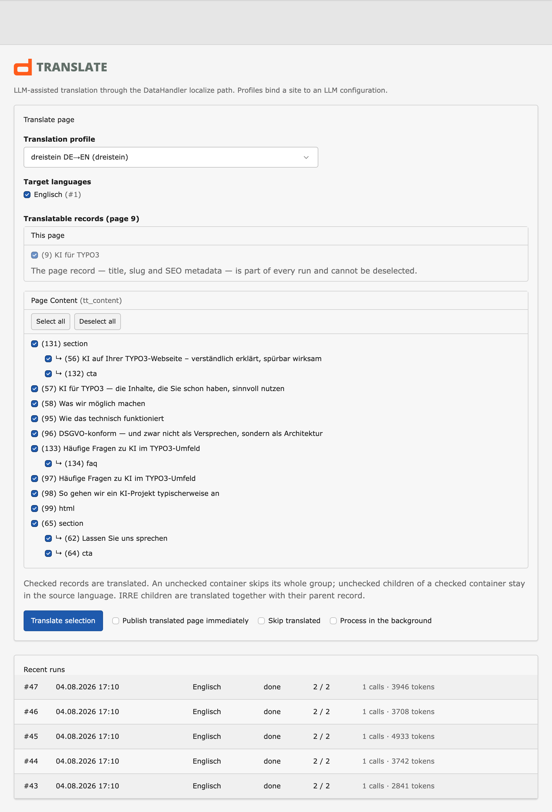 The translation form in detail: profile selection, English as target language, the list of translatable records with indented child elements, the options, and below the table of recent runs.