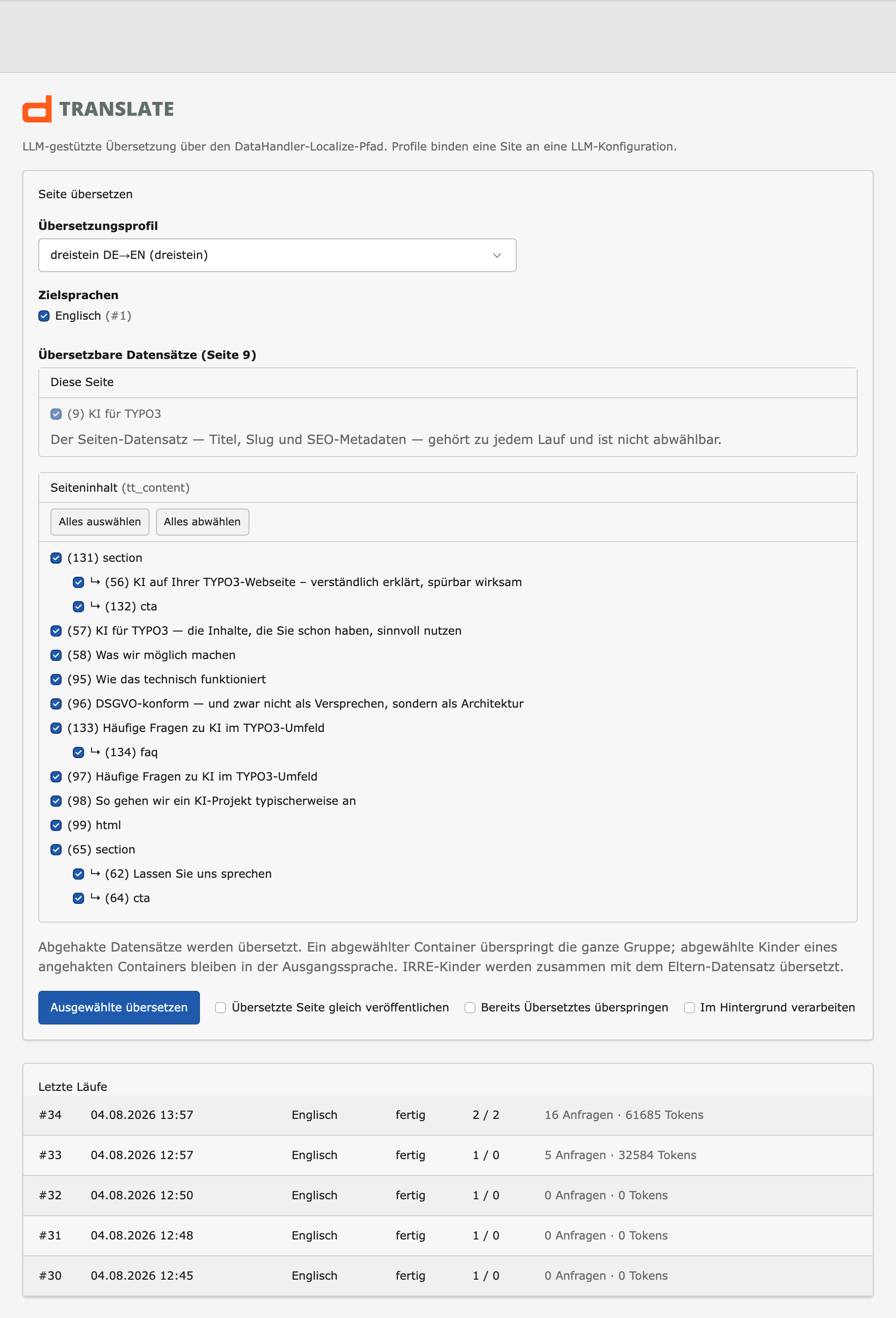 Das Übersetzungsformular im Detail: Profilauswahl, Zielsprache Englisch, die Liste der übersetzbaren Datensätze mit eingerückten Kindelementen, die Optionen und darunter die Tabelle der letzten Läufe.