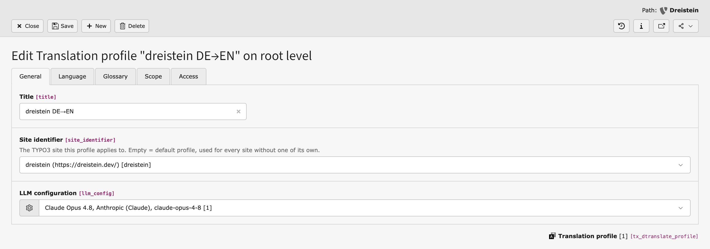 Editing form of a translation profile with the tabs General, Language, Glossary, Scope and Access as well as the fields Title, Site identifier and LLM configuration.