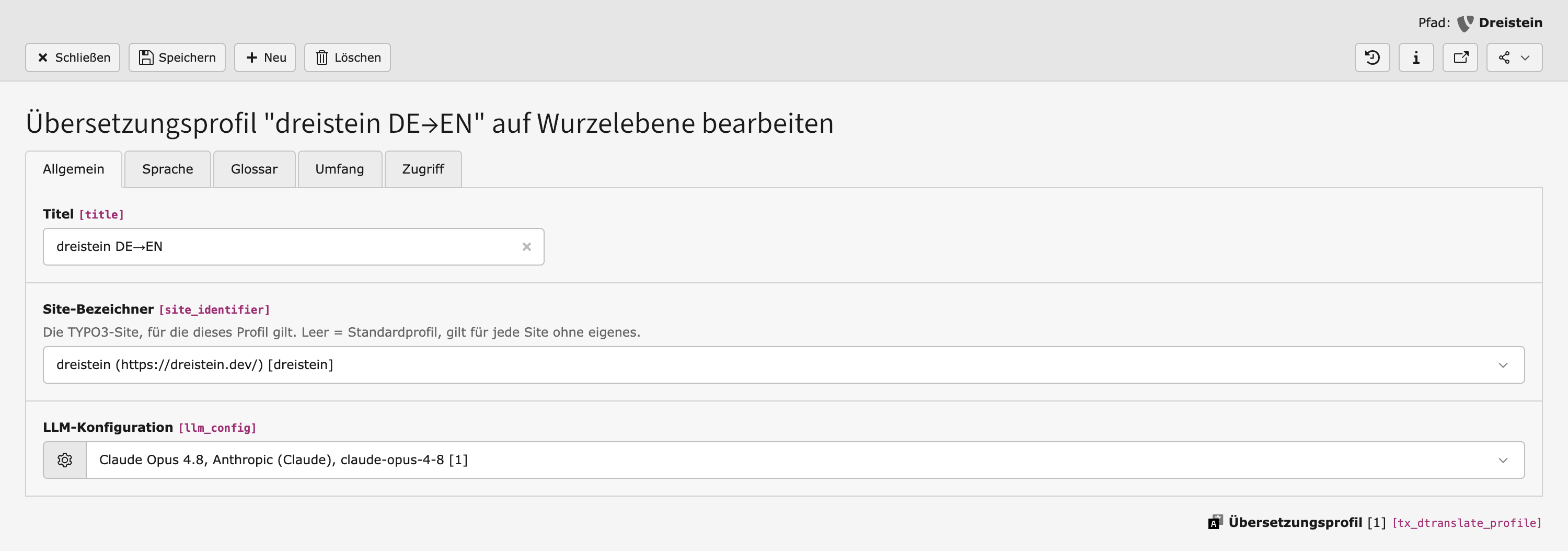 Bearbeitungsformular eines Übersetzungsprofils mit den Reitern Allgemein, Sprache, Glossar, Umfang und Zugriff sowie den Feldern Titel, Site-Bezeichner und LLM-Konfiguration.