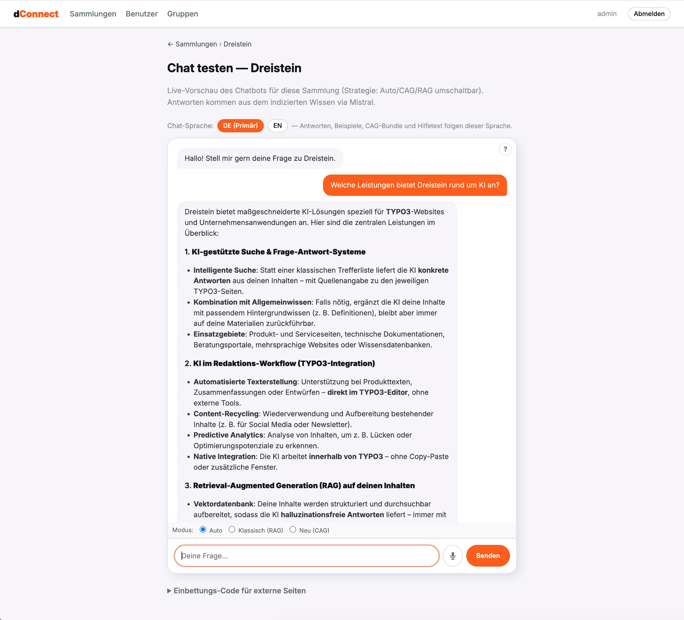dConnect: Chat-Test mit Antwort aus der eigenen Wissensbasis