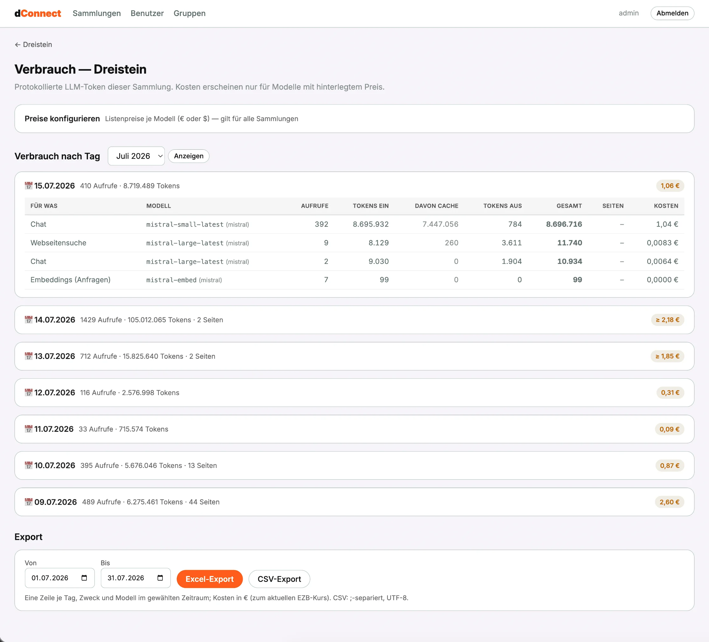 dConnect: Verbrauchsübersicht mit Kosten in Euro und Export